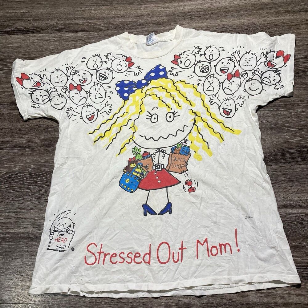 Vintage Single Stitch Mom Stressed Out Freeze New York Large Shirt 90s AOP Anvil